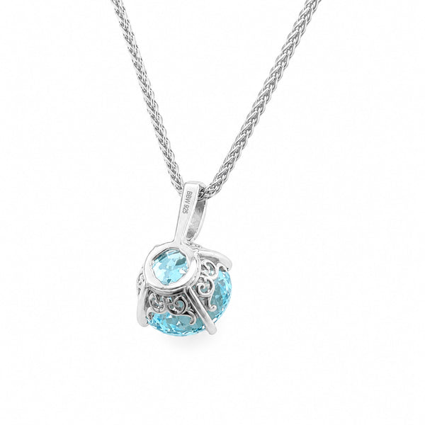 HAUTE COUTURE COMPOSERS COLLECTION Round 6 Carat Centurion Cut Aquamarine-Hued Pendant on Sterling 1.1mm Round Wheat Chain, 18" (Pendant & Chain Sold Together. Pendant is Removable from Chain).