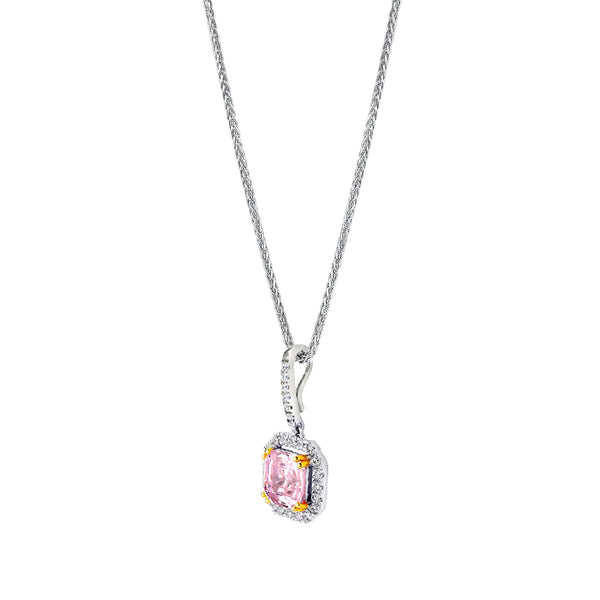 Sterling Fancy Light Pink Asscher Cut Pendant on 18" Sterling Silver 1.1mm Round Wheat Chain (Pendant & Chain Sold Together. Pendant is Removable from Chain).