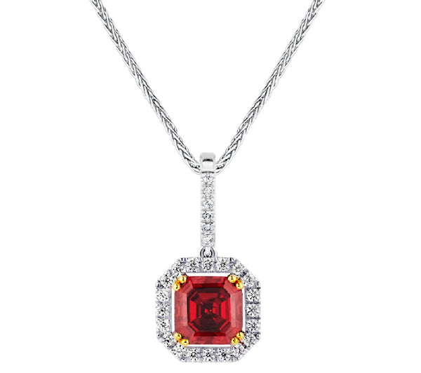 Sterling Garnet Hued Asscher Cut Pendant on 18" Sterling Silver 1.1mm Round Wheat Chain (Pendant & Chain Sold Together. Pendant is Removable from Chain).