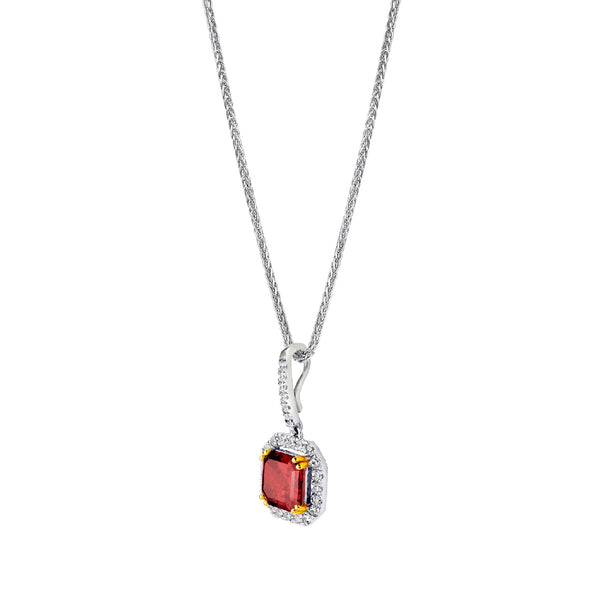 Sterling Garnet Hued Asscher Cut Pendant on 18" Sterling Silver 1.1mm Round Wheat Chain (Pendant & Chain Sold Together. Pendant is Removable from Chain).