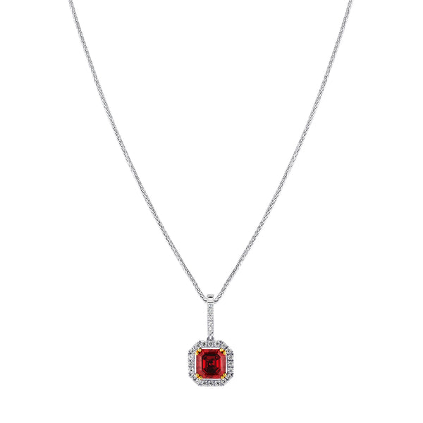 Sterling Garnet Hued Asscher Cut Pendant on 18" Sterling Silver 1.1mm Round Wheat Chain (Pendant & Chain Sold Together. Pendant is Removable from Chain).