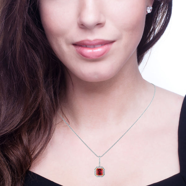 Sterling Garnet Hued Asscher Cut Pendant on 18" Sterling Silver 1.1mm Round Wheat Chain (Pendant & Chain Sold Together. Pendant is Removable from Chain).