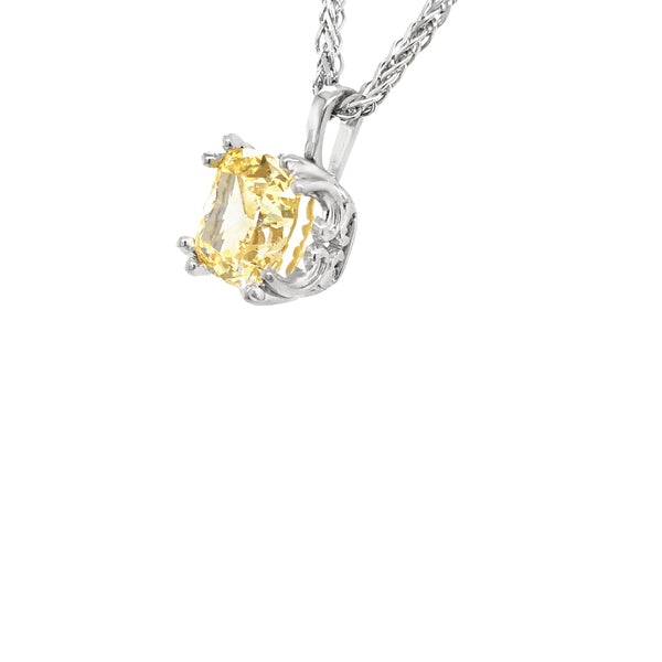 Sterling 10mm Fancy Light Yellow Cushion Cut Scroll Pendant on 18" Diamond Cut Wheat Chain