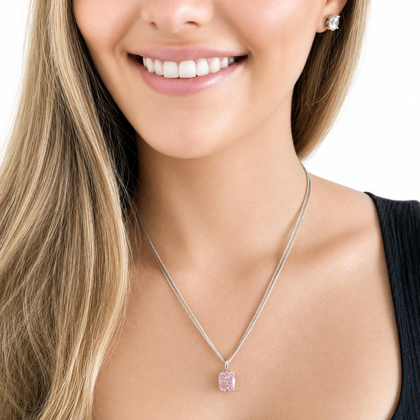 HAUTE COUTURE COMPOSERS COLLECTION Elongated Crushed Ice Cushion Cut 12 Carat Fancy Light Pink Pendant on 2 Sterling 1.1 mm Round Wheat Chains, (Pendant & Chains Sold Together. Pendant is Removable from Chain).
