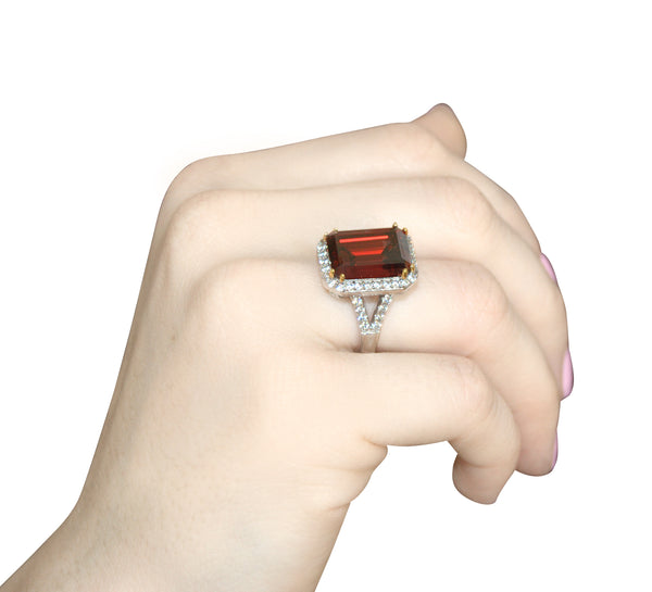 Sterling Silver 8 Carat Deep Crimson Emerald Cut Ring with 18 KGP Prongs
