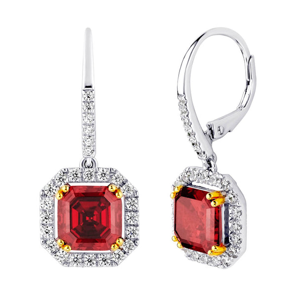 Sterling Silver Garnet Hued Asscher Cut Drops with 18 KGP Prongs & Stone Detailing on Back