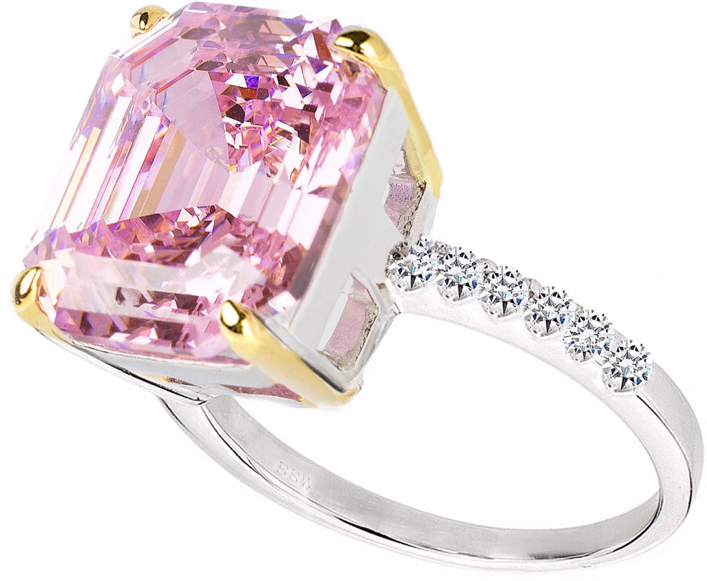 Sterling Silver Pink Asscher/Emerald-Cut Aspen Ring with 18 KGP Prongs-Bling by Wilkening Invented Cut