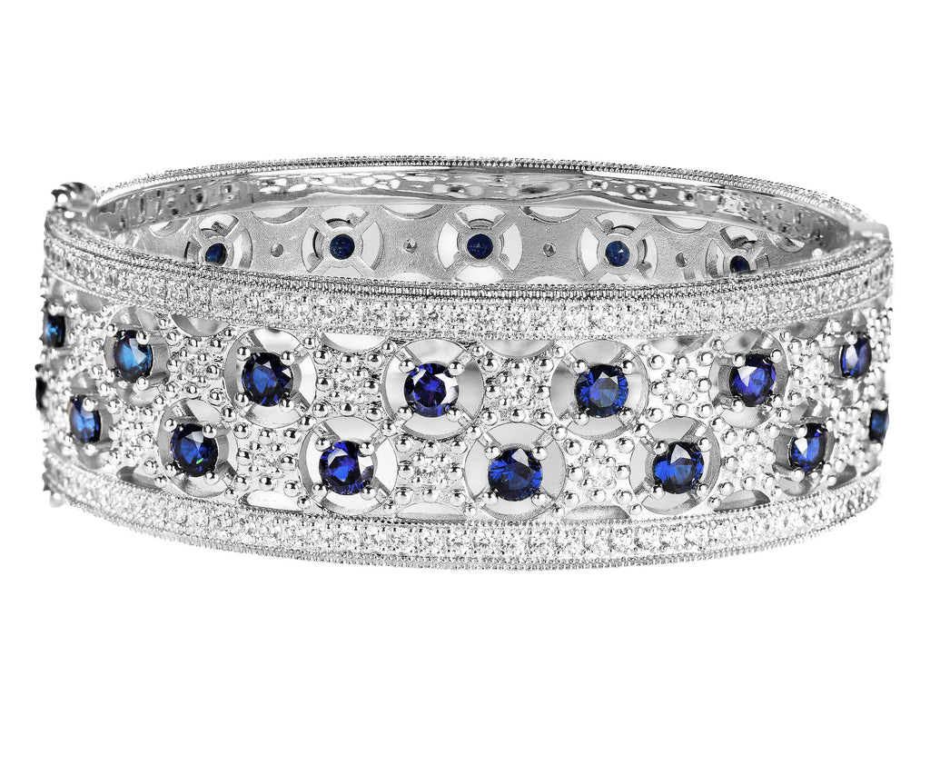Silver Lab Created Sapphire Florentine Cuff with Perimeter Stones