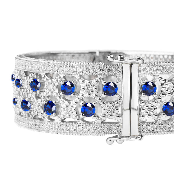 Silver Lab Created Sapphire Florentine Cuff with Perimeter Stones