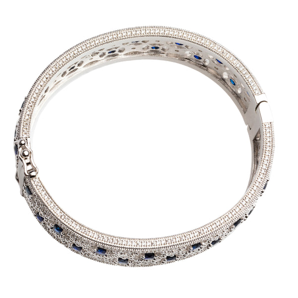 Silver Lab Created Sapphire Florentine Cuff with Perimeter Stones