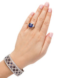 Silver Lab Created Sapphire Florentine Cuff with Perimeter Stones