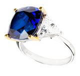 Sterling Silver Lab Created Sapphire Cushion & Clear Trillion Ring with 18 KGP Prongs