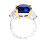 Sterling Silver Lab Created Sapphire Cushion & Clear Trillion Ring with 18 KGP Prongs