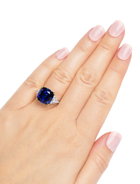 Sterling Silver Lab Created Sapphire Cushion & Clear Trillion Ring with 18 KGP Prongs