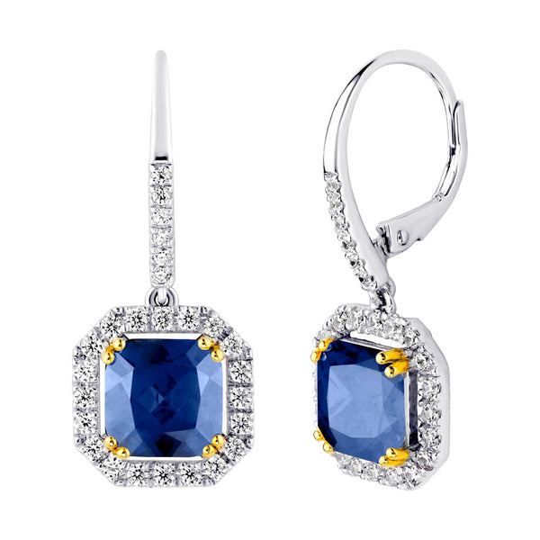 Sterling Silver Lab Created Sapphire Cushion Cut Drops with 18 KGP Prongs & Stone Detailing on Back