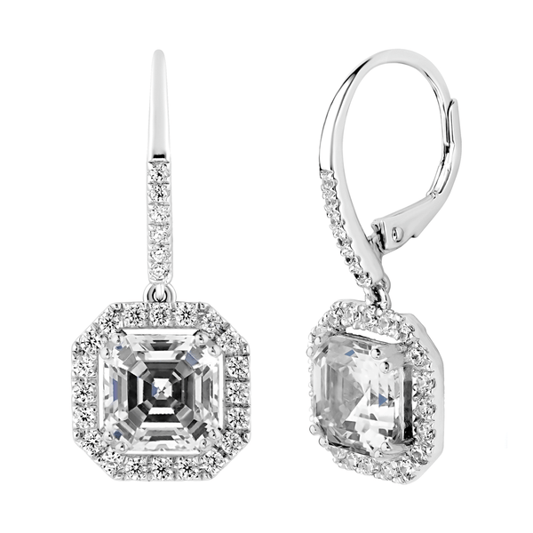 Silver Clear Asscher Cut Drops with Halo & Stone Detailing on Back