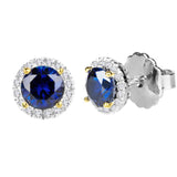 Sterling Silver 1 Carat Lab Created Sapphire Round Solana Studs with Halo and 18 KGP Prongs