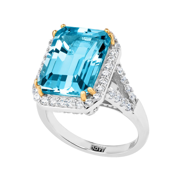 Sterling Silver 8 Carat Blue Topaz Emerald Cut Ring with 18 KGP Prongs