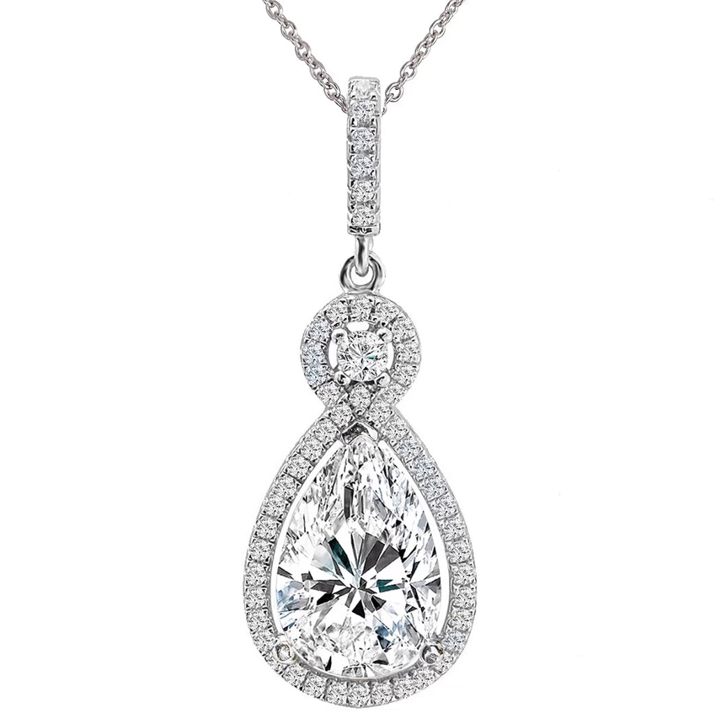 Silver Victorian Clear Pear-Shaped Necklace with Halo