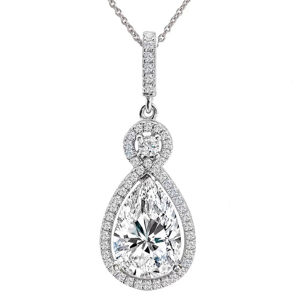 Silver Victorian Clear Pear-Shaped Necklace with Halo
