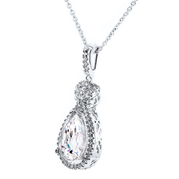 Silver Victorian Clear Pear-Shaped Necklace with Halo
