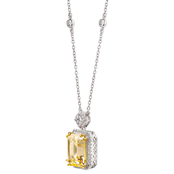 Silver Fancy Light Yellow Emerald Cut Station Necklace with 18 KGP Prongs