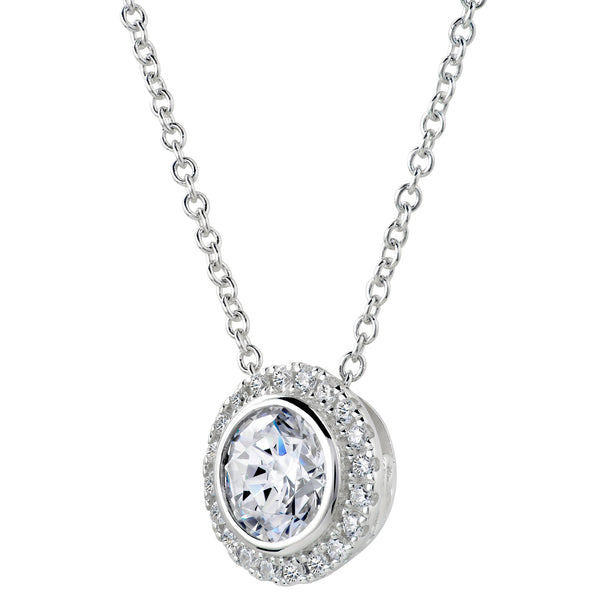 Sterling Silver 2 Carat Round Pendant Necklace with Halo