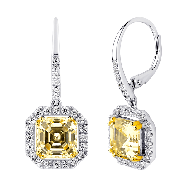 Sterling Silver Fancy Light Yellow Asscher Cut Drops with 18 KGP Prongs & Stone Detailing on Back