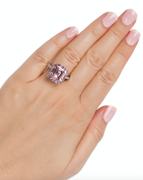 Sterling Silver Pink Asscher/Emerald-Cut Aspen Ring with 18 KGP Prongs-Bling by Wilkening Invented Cut