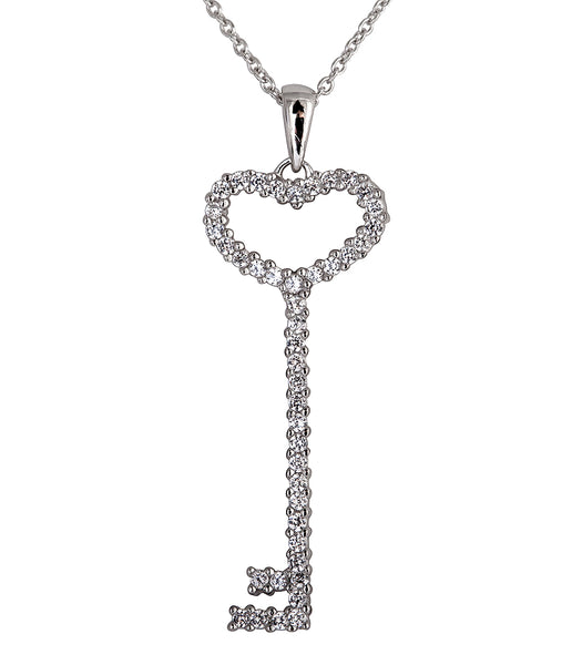 Sterling Silver Thin Pavé Heart Key Necklace