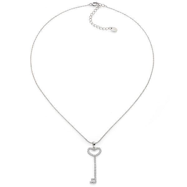 Sterling Silver Thin Pavé Heart Key Necklace