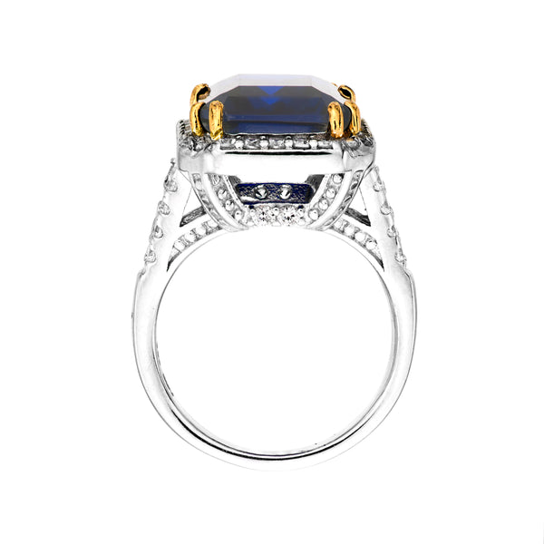Sterling Silver 8 Carat Sapphire Hued Emerald Cut Ring with 18 KGP Prongs