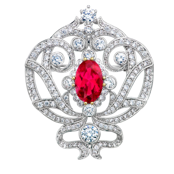 Silver Ornate Regal Brooch with Ruby Red Center Stone and 18 KGP Prongs