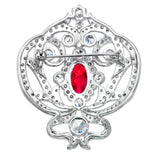 Silver Ornate Regal Brooch with Ruby Red Center Stone and 18 KGP Prongs