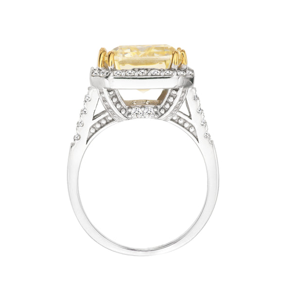 Sterling Silver 8 Carat Fancy Light Yellow Emerald Cut Ring with 18 KGP Prongs