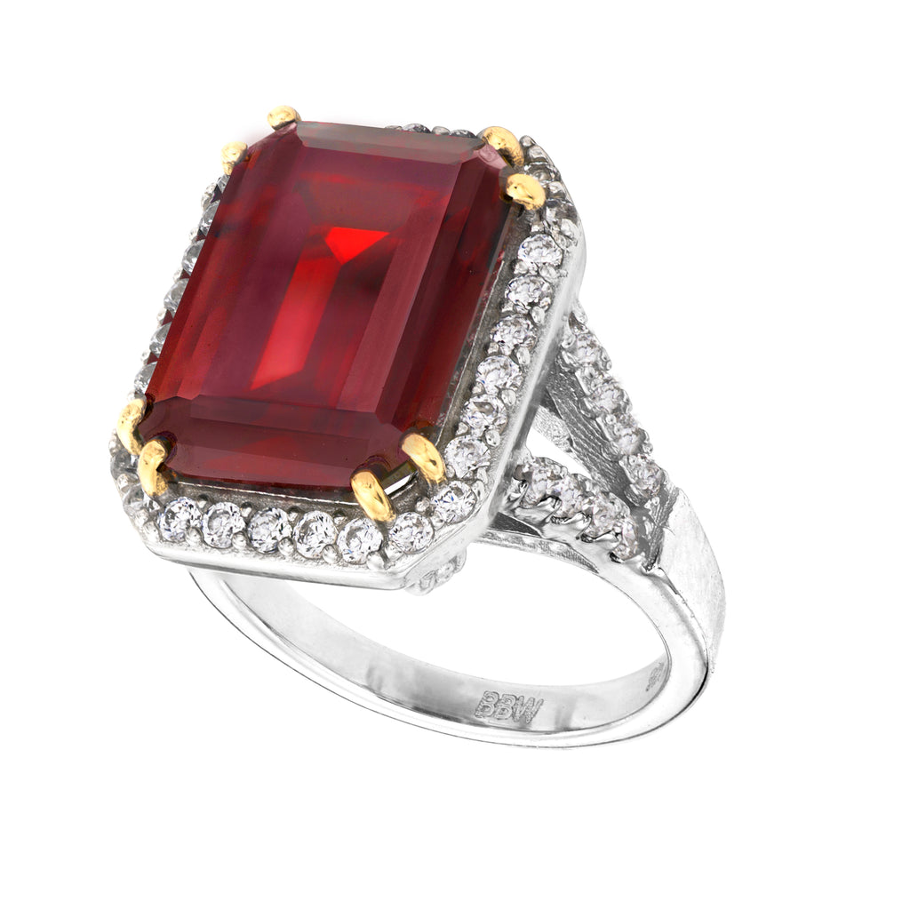 Sterling Silver 8 Carat Deep Crimson Emerald Cut Ring with 18 KGP Prongs