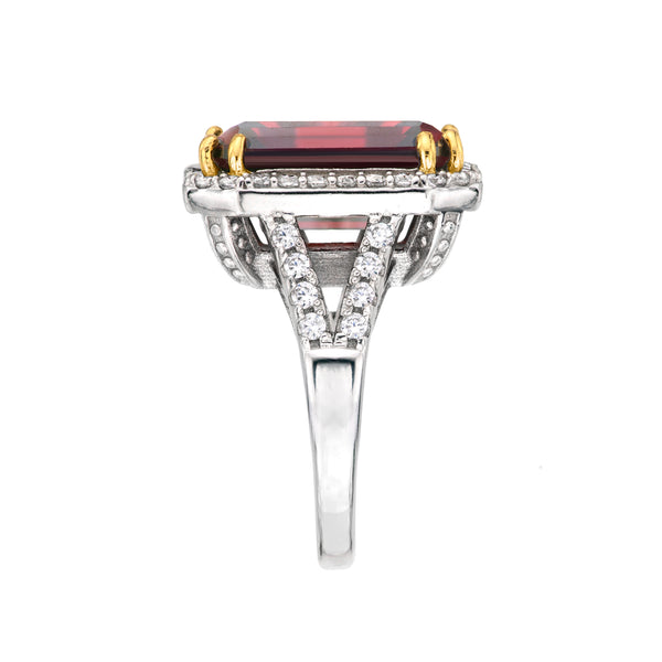 Sterling Silver 8 Carat Deep Crimson Emerald Cut Ring with 18 KGP Prongs