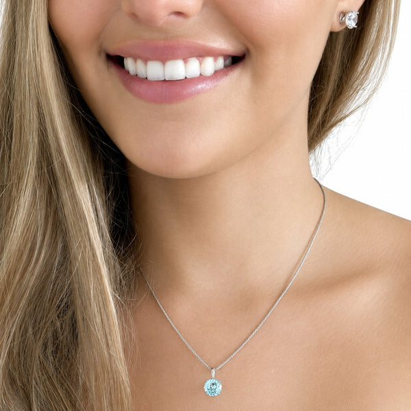 HAUTE COUTURE COMPOSERS COLLECTION Round 6 Carat Centurion Cut Aquamarine-Hued Pendant on Sterling 1.1mm Round Wheat Chain, 18" (Pendant & Chain Sold Together. Pendant is Removable from Chain).
