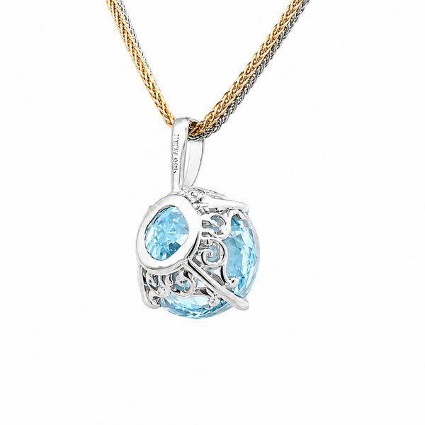 HAUTE COUTURE COMPOSERS COLLECTION Round 17 Carat Centurion Cut Aquamarine-Hued Pendant on 2 Chains: Sterling and 18 KGP 1.1 mm Round Wheat, 18"(Pendant & Chain Sold Together. Pendant is Removable from Chain).
