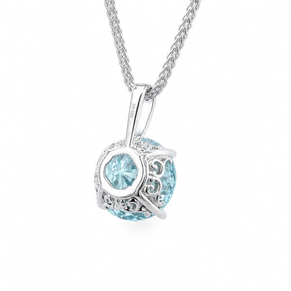 HAUTE COUTURE COMPOSERS COLLECTION Round 11 Carat Centurion Cut Aquamarine-Hued Pendant on Sterling 1.1mm Round Wheat Chain (Pendant & Chain Sold Together. Pendant is Removable from Chain)