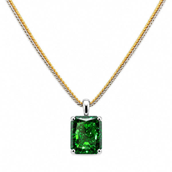 HAUTE COUTURE COMPOSERS COLLECTION Radiant Crushed Ice Cut 21 Carat Emerald-Hued Pendant on 2 Chains: Sterling and 18 KGP 1.1 mm Round Wheat, 20" (Pendant & Chains Sold Together. Pendant is Removable from Chain).