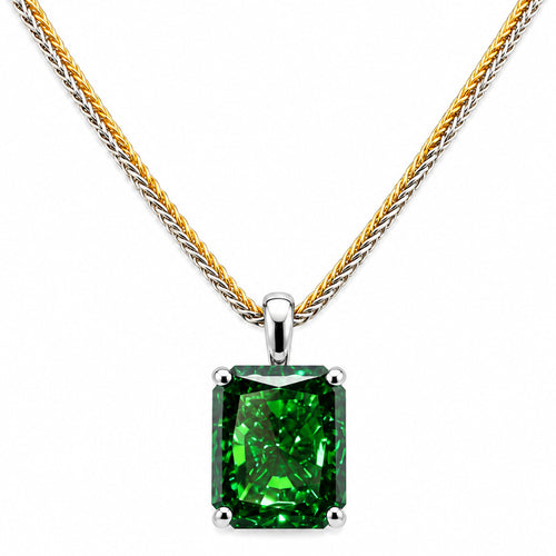 HAUTE COUTURE COMPOSERS COLLECTION Radiant Crushed Ice Cut 21 Carat Emerald-Hued Pendant on 2 Chains: Sterling and 18 KGP 1.1 mm Round Wheat, 20" (Pendant & Chains Sold Together. Pendant is Removable from Chain).