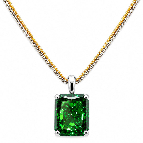 HAUTE COUTURE COMPOSERS COLLECTION Radiant Crushed Ice Cut 21 Carat Emerald-Hued Pendant on 2 Chains: Sterling and 18 KGP 1.1 mm Round Wheat, 20" (Pendant & Chains Sold Together. Pendant is Removable from Chain).