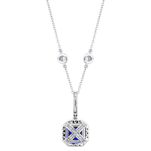 Sterling Lab Created Sapphire Cushion Cut Pendant on 18" Regal Short Floating Chain (Pendant & Chain Sold Together. Pendant is Removable from Chain).