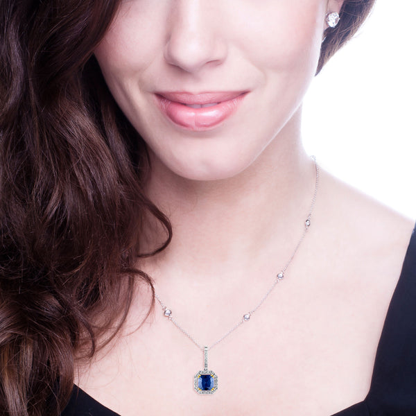 Sterling Lab Created Sapphire Cushion Cut Pendant on 18" Regal Short Floating Chain (Pendant & Chain Sold Together. Pendant is Removable from Chain).