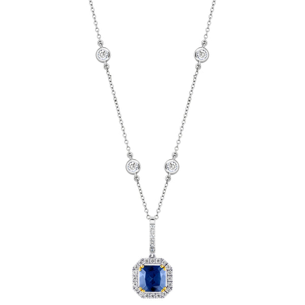 Sterling Lab Created Sapphire Cushion Cut Pendant on 18" Regal Short Floating Chain (Pendant & Chain Sold Together. Pendant is Removable from Chain).