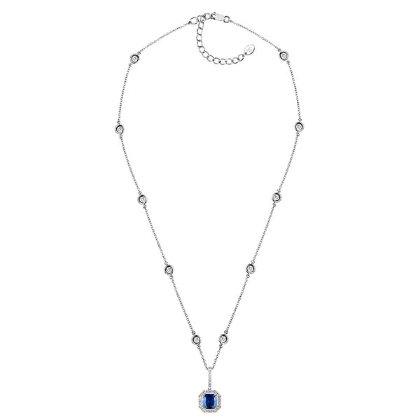 Sterling Lab Created Sapphire Cushion Cut Pendant on 18" Regal Short Floating Chain (Pendant & Chain Sold Together. Pendant is Removable from Chain).