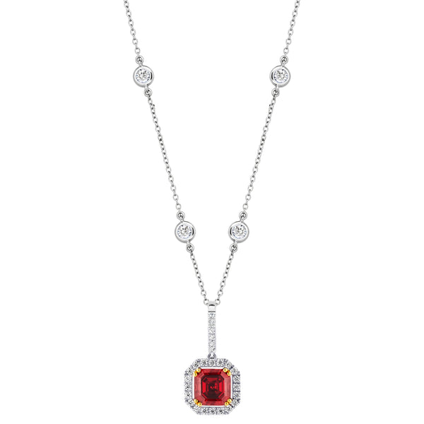 Sterling Garnet Hued Asscher Cut Pendant on 18" Regal Short Floating Chain (Pendant & Chain Sold Together. Pendant is Removable from Chain).