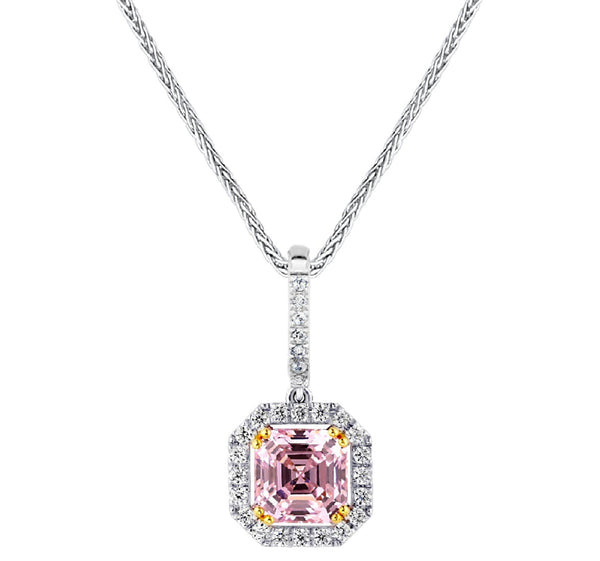 Sterling Fancy Light Pink Asscher Cut Pendant on 18" Sterling Silver 1.1mm Round Wheat  Chain (Pendant & Chain Sold Together. Pendant is Removable from Chain).