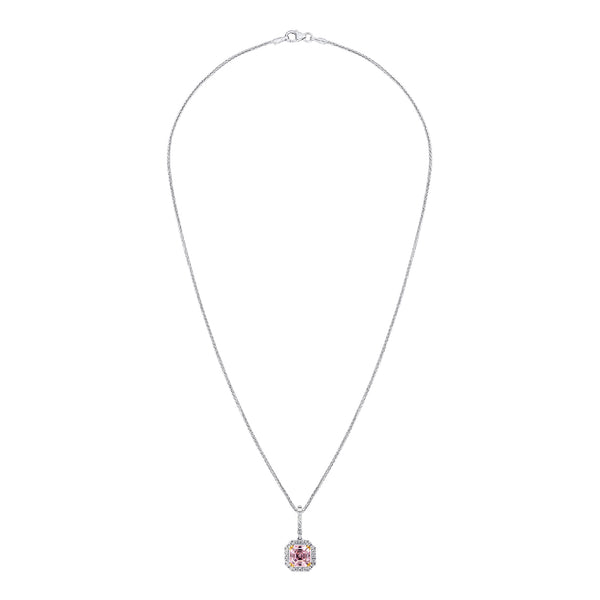 Sterling Fancy Light Pink Asscher Cut Pendant on 18" Sterling Silver 1.1mm Round Wheat  Chain (Pendant & Chain Sold Together. Pendant is Removable from Chain).